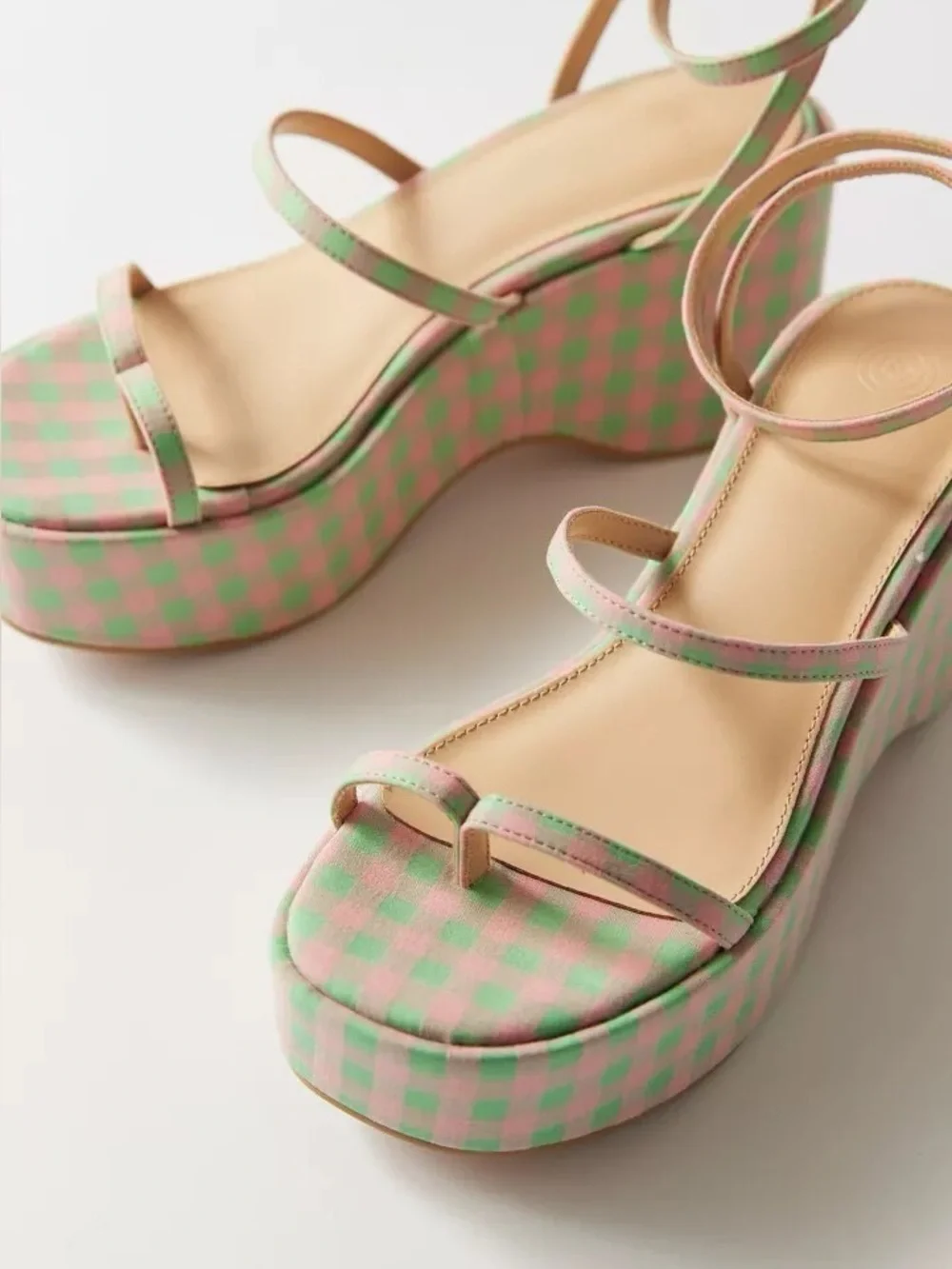 Urban Outfitters Pink & Green Check Platform Sandals